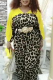 Leopard Print Sexy Print Leopard Patchwork Without Belt O Neck Straight Dresses（Without Belt）