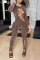 Khaki Sexy Solid See-through O Neck Skinny Jumpsuits