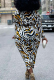 Multicolor Fashion Casual Print Basic O Neck Long Sleeve Plus Size Dresses