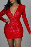 Red Casual Elegant Solid Sequins Patchwork Fold V Neck One Step Skirt Dresses
