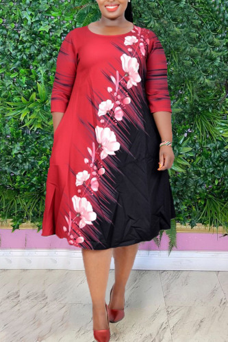 Red Casual Print Patchwork O Neck A Line Plus Size Dresses