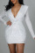 White Casual Elegant Solid Sequins Split Joint Fold V Neck One Step Skirt Dresses