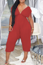 Red Fashion Casual Solid Draw String V Neck Regular Jumpsuits