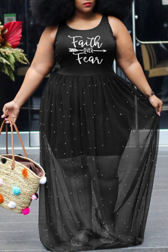Black Sexy Casual Plus Size Letter Print Patchwork Beading O Neck Vest Dress