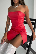 Red Sexy Solid High Opening Strapless Pencil Skirt Dresses