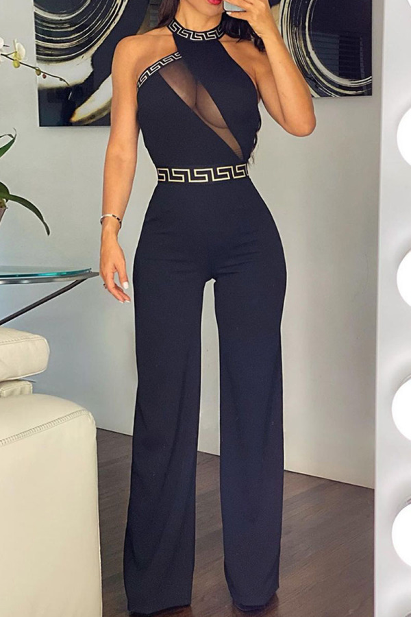 Black Sexy Print Patchwork See-through O Neck Straight Jumpsuits