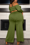 Army Green Fashion Casual Solid Backless Asymmetrical Off the Shoulder Plus Size Two Pieces