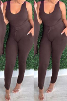Dark Brown Fashion Casual Solid Cardigan Vests Pants U Neck Long Sleeve Three-piece Set