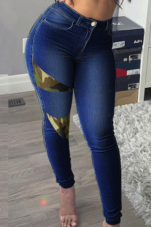 Deep Blue Fashion Casual Butterfly Print Split Joint High Waist Skinny Denim Jeans