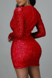 Red Casual Elegant Solid Sequins Patchwork Fold V Neck One Step Skirt Dresses