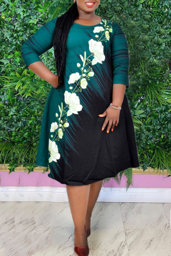 Green Casual Print Patchwork O Neck A Line Plus Size Dresses