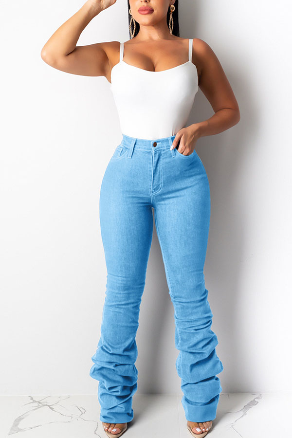 

Light Blue Denim Button Fly Sleeveless Mid Draped Zippered Straight Pants