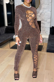 Khaki Sexy Solid See-through O Neck Skinny Jumpsuits