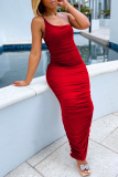 Red Fashion Sexy Solid Backless Fold One Shoulder Sleeveless Dress Dresses