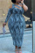 Blue Fashion Sexy Print Hollowed Out Backless Oblique Collar Long Sleeve Plus Size Dresses