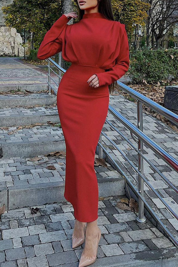 Red Casual Solid Patchwork Half A Turtleneck Pencil Skirt Dresses