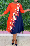 Red Casual Print Patchwork O Neck A Line Plus Size Dresses