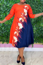 Tangerine Red Casual Print Split Joint O Neck A Line Plus Size Dresses