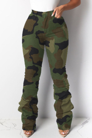 Camouflage Denim Button Fly Sleeveless Mid Draped Zippered Straight Pants