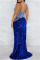 Blue Fashion Sexy Patchwork Hollowed Out Backless Asymmetrical Spaghetti Strap Evening Dress