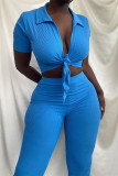 Blue Sexy Casual Solid Bandage Turndown Collar Short Sleeve Two Pieces
