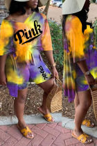 Yellow Casual Print Split Joint Slit V Neck Half Sleeve Two Pieces