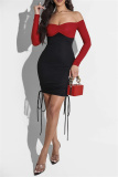 Red Fashion Sexy Solid Patchwork Frenulum Off the Shoulder Long Sleeve Dresses