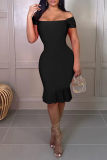 Black Sexy Solid Flounce Off the Shoulder Trumpet Mermaid Dresses