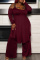 Burgundy Fashion Casual Solid Backless Asymmetrical Off the Shoulder Plus Size Two Pieces