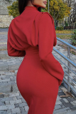 Red Casual Solid Patchwork Half A Turtleneck Pencil Skirt Dresses