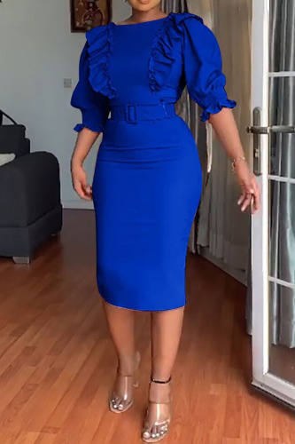 Blue Casual Solid Patchwork Stringy Selvedge O Neck One Step Skirt Dresses