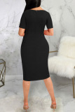 Black Casual Solid Patchwork Flounce O Neck One Step Skirt Dresses