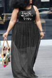 Black Sexy Casual Plus Size Letter Print Patchwork Beading O Neck Vest Dress