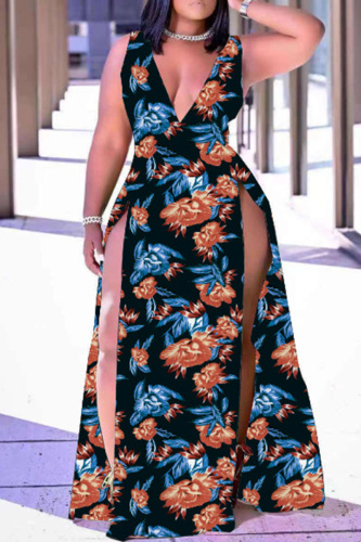 Brown Fashion Sexy Print Slit V Neck Vest Dress