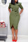 Army Green Casual Solid Patchwork Flounce Asymmetrical O Neck One Step Skirt Dresses