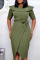 Army Green Casual Solid Patchwork Flounce Asymmetrical O Neck One Step Skirt Dresses