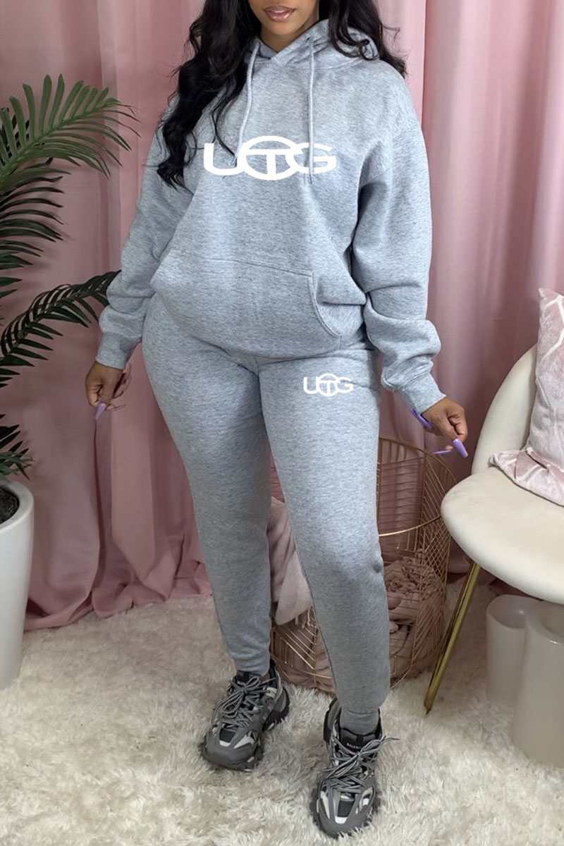 

Grey Fashion Sportswear Print Letter Hooded Collar Long Sleeve Two Pieces