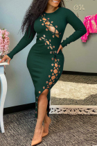 Ink Green Fashion Sexy Solid Hollowed Out Frenulum O Neck Long Sleeve Dresses