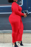 Red Fashion Sexy Solid Patchwork Backless One Shoulder Long Sleeve Plus Size Dresses