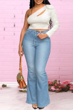 Deep Blue Fashion Casual Print Leopard Patchwork Plus Size Jeans