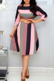 Black Pink Casual Striped Print Patchwork O Neck A Line Dresses