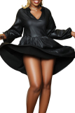 Black Casual Sweet Solid Flounce V Neck Mini Dress Dresses
