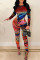 Red Sexy Print Patchwork Asymmetrical O Neck Long Sleeve Two Pieces