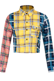 Yellow Casual Plaid Patchwork Turndown Collar Tops