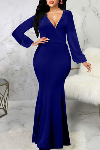 Blue Sexy Solid Patchwork V Neck Dresses