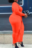 Orange Fashion Sexy Solid Patchwork Backless One Shoulder Long Sleeve Plus Size Dresses