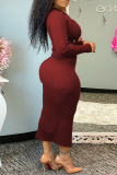 Burgundy Fashion Sexy Solid Hollowed Out Frenulum O Neck Long Sleeve Dresses