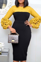 Yellow Casual Solid Split Joint Slit Fold O Neck One Step Skirt Dresses