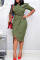 Army Green Casual Solid Patchwork Flounce Asymmetrical O Neck One Step Skirt Dresses