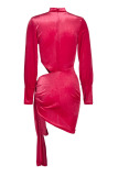 Red Sexy Solid Hollowed Out Patchwork See-through Half A Turtleneck Irregular Dress Dresses
